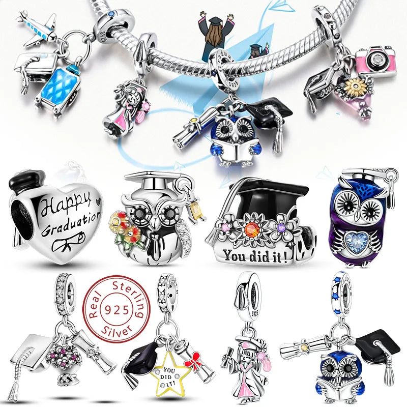 Original-Charms für den Abschluss, Perlen-Anhänger, 925er-Sterlingsilber, Bachelor-Hut, Kappen-Charms, passend für Armbänder, DIY-Zeremonie, Schmuck, Geschenk
