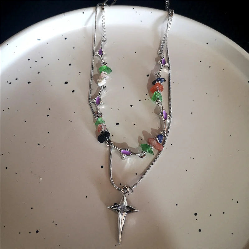 Geschmolzenes flüssiges Metall Vier-Sterne-Strass-Edelstahl-Kettenhalskette für Frauen Egirl Trend Ästhetischer Halsband Y2K-Schmuck