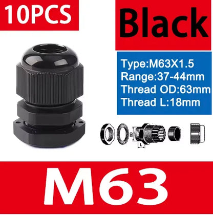 10 Stück wasserdichte Kabelverschraubungen M8-M40, schwarze Kunststoff-Dichtungsverbindungen, IP68, Nylon-Stecker, Gummi-Kabelverschraubung für verschiedene Größen