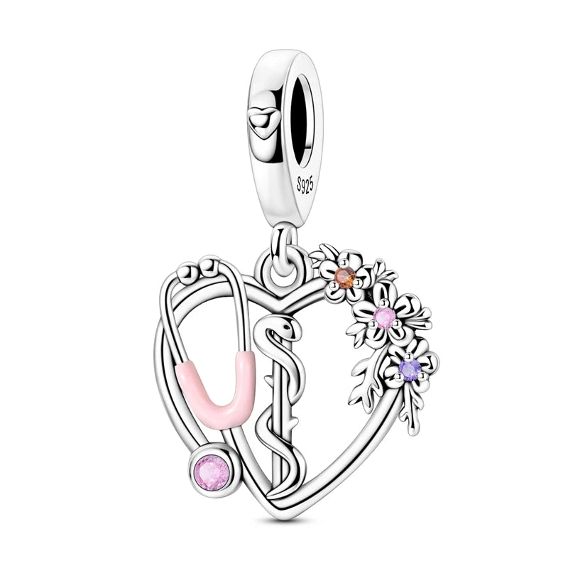 Klassische Krankenwagenperlen und Pillen-Stethoskop-Medizinbox aus 925er-Sterlingsilber, baumelnder Charm, passend für Armbänder, Krankenschwester-Tag-Anhänger, Geschenke