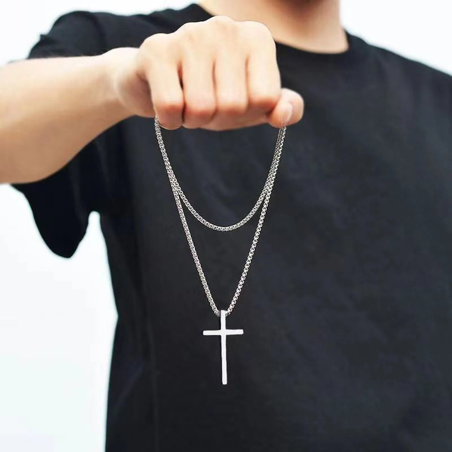 Vnox Cross Necklace for Men and Women, Silver Tone Simple Cross Pendant Collar with Stainless Steel Box Chain