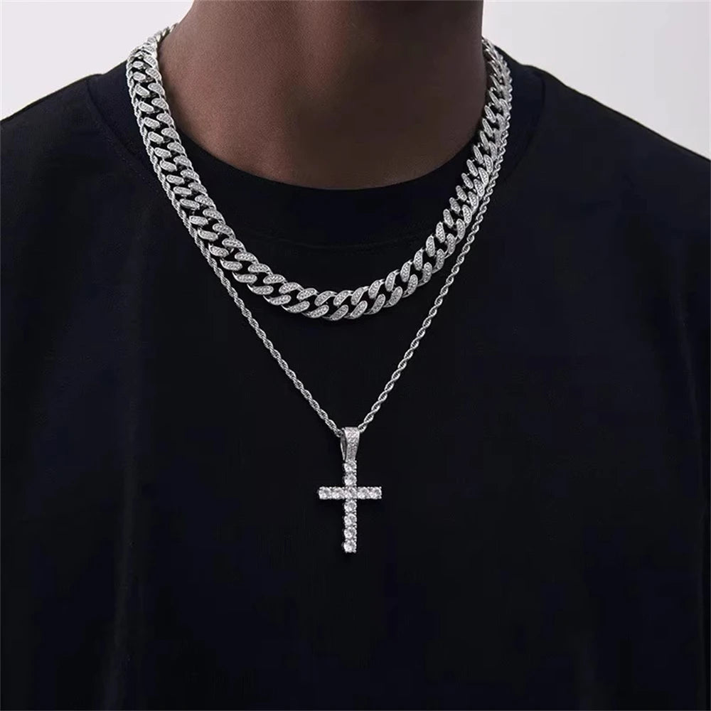 Halskette aus 925er-Sterlingsilber mit eingelegtem Kristallzirkon, modisches Kreuz-Herren-Anhänger-Halskette, Party-Geschenkschmuck