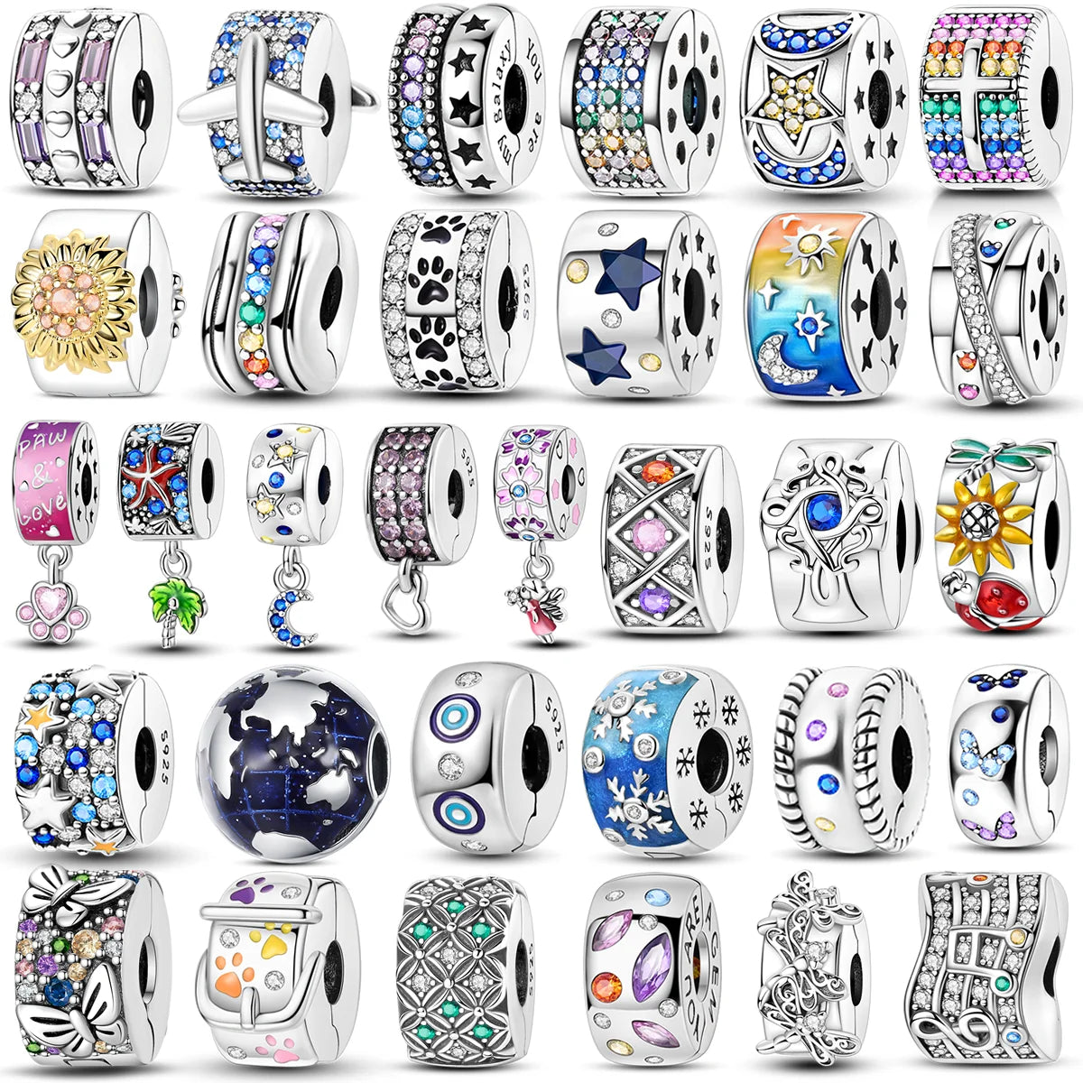 Silberverschluss, 925er-Sterlingsilber, CZ-Pflaster-Clip-Charms, Gänseblümchen-Perlen, Stopper, Sicherheitskette, passend für Original-Armreif, Schmuck-Clip