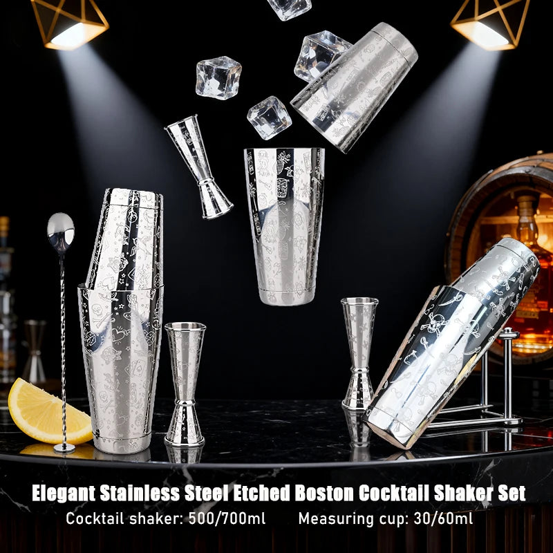Elegantes Edelstahl Boston Cocktail Shaker Set 500/700ml+30/60ml Jigger — Graviert, Barkeeper, Barzubehör, Mixer, Professionell
