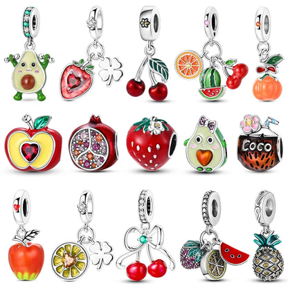 Obst-Charm-Perle aus 925er Silber, Erdbeere, Kirsche, Avocado-Anhänger, passend für Original-Armbänder, DIY-Modeschmuck