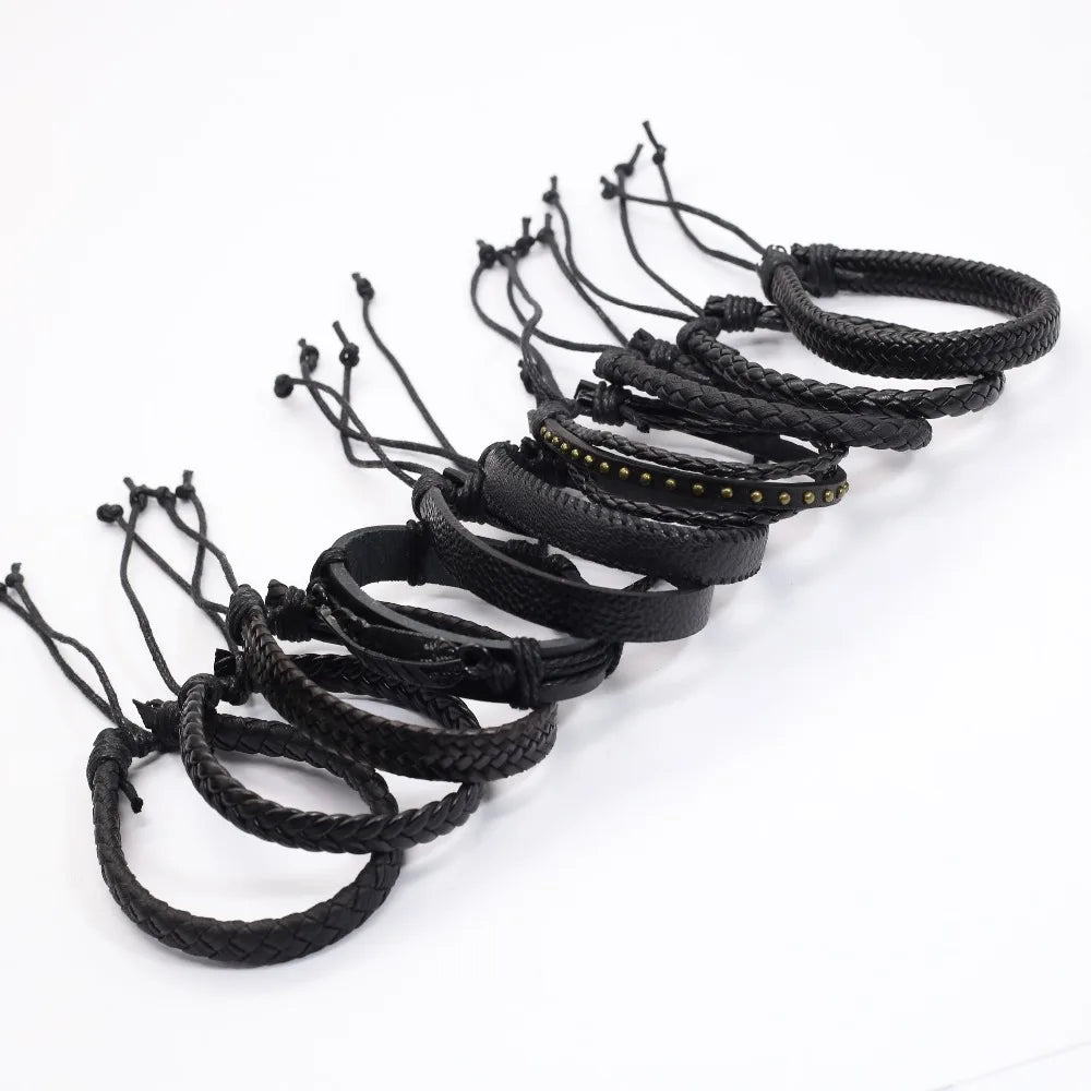 10 Pcs/Set Black Wrap Woven New Fashion Handmade Men Bracelets Male Women Leather Bracelets Men Bangle Wholesale Jewelry Gift