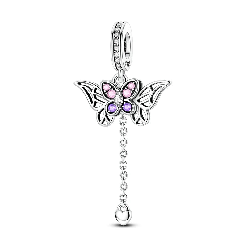 Exquisiter 925er-Sterlingsilber-Charm mit funkelndem Edelstein, Schlüssel, Blume, Schmetterling, passend für DIY-Armbänder, Halsketten, edler Schmuck, Geschenke