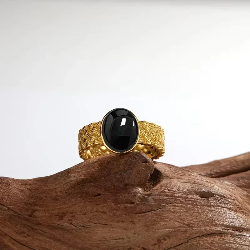 Vintage-Ring aus 925er Silber, natürlicher schwarzer Onyx-Ring, kreisförmiger Denier-Typ, Pferdeauge-Design, Geschenk, edler Schmuck, schwarzer Ring für Männer und Frauen