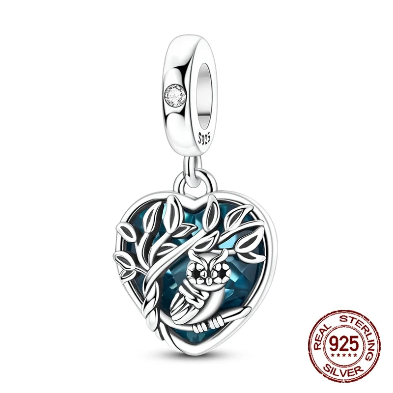Charm-Anhänger aus 925er-Sterlingsilber mit Herzrahmen, Eule und Baum, blauer Zirkon, eingelegte passende Armbänder, süßer Schmuck, Geschenk für Frauen