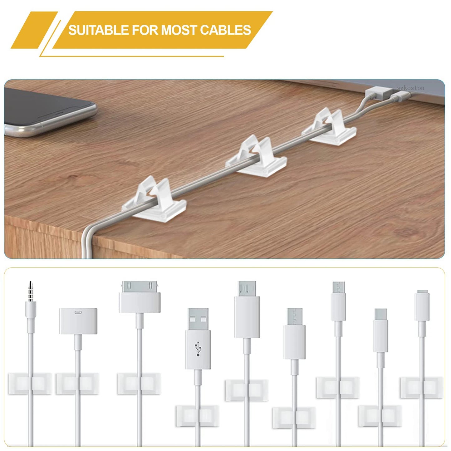100/10 Stück M-Typ-Kabelklemmen, Nylon, weiß, stark klebend, Klemme, vertikales Kabelmanagement, Telefon-Ladekabel-Organizer für Schreibtisch