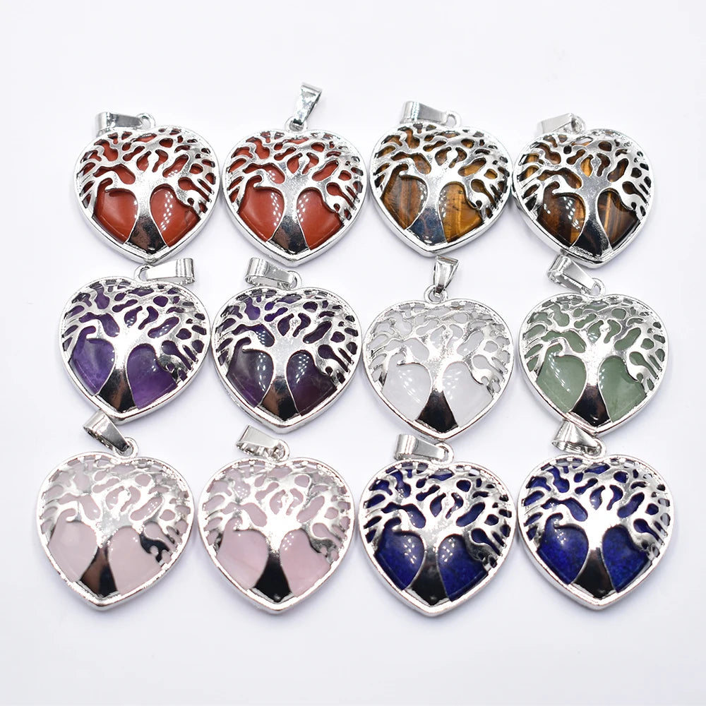 Großhandel 12 teile/los Mode natürliche Amethyste Lapis Herz Legierung Baum des Lebens Anhänger für Schmuck Zubehör Markierung kostenlos