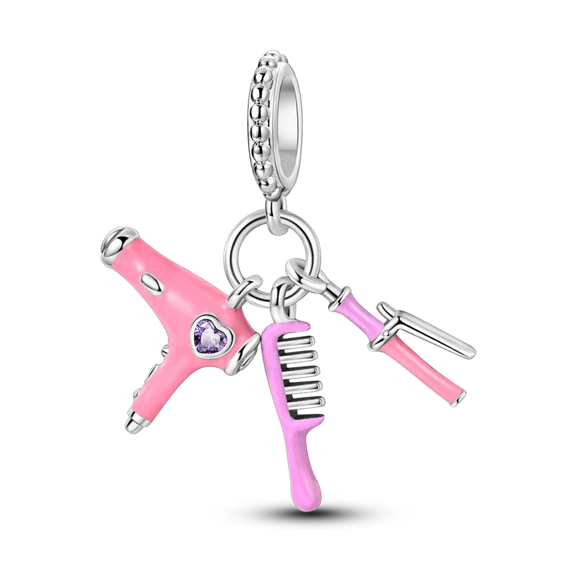 Original 925 Sterling Silber Nähmaschine Schere Charms Perle eingelegt rosa Zirkonium Anhänger passen Armband Schmuck Liebhaber Geschenk