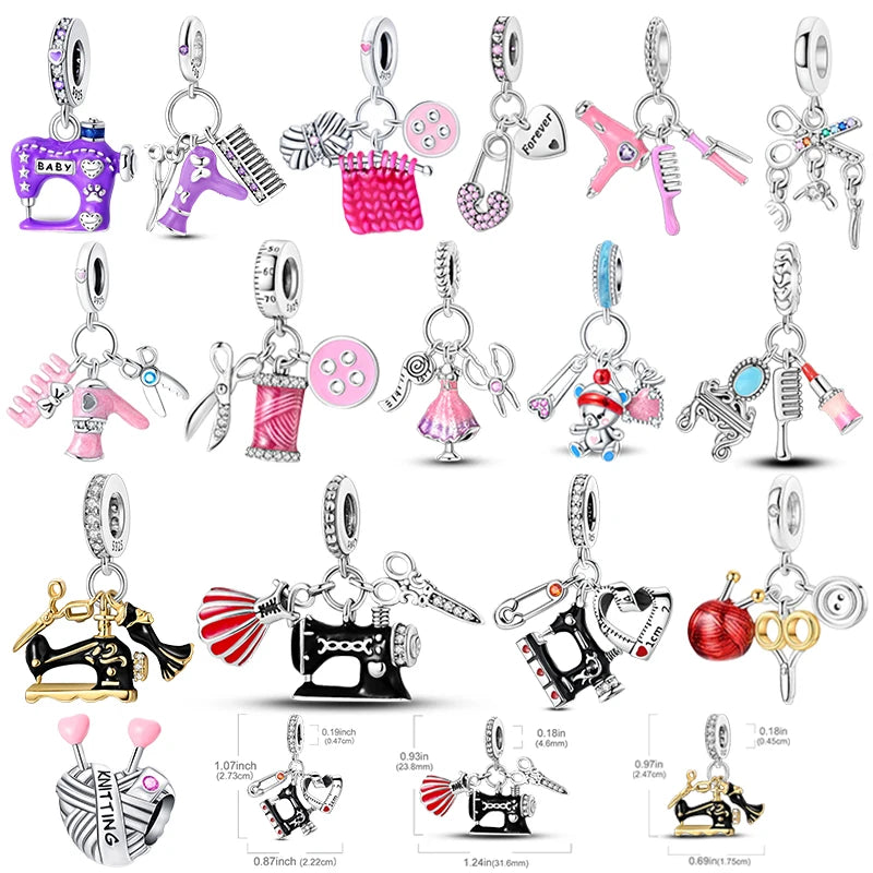 Original 925 Sterling Silber Nähmaschine Schere Charms Perle eingelegt rosa Zirkonium Anhänger passen Armband Schmuck Liebhaber Geschenk