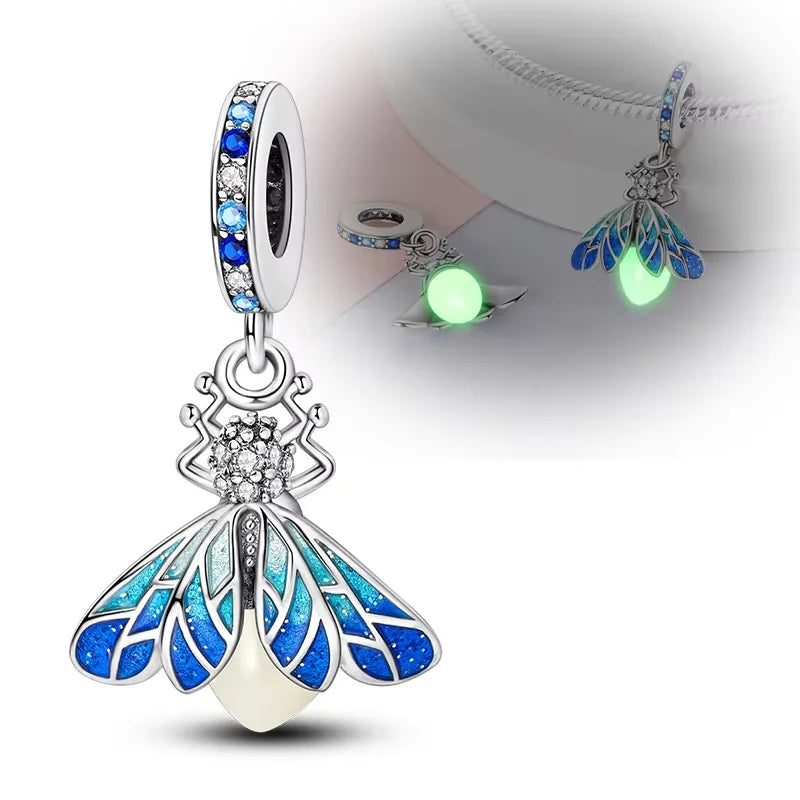 Original 925er Silber-Charm-Perlen, leuchtender, leuchtender Glühwürmchen-Schmetterlings-Anhänger, passend für Armbänder, Charm-Herstellung von Schmuck