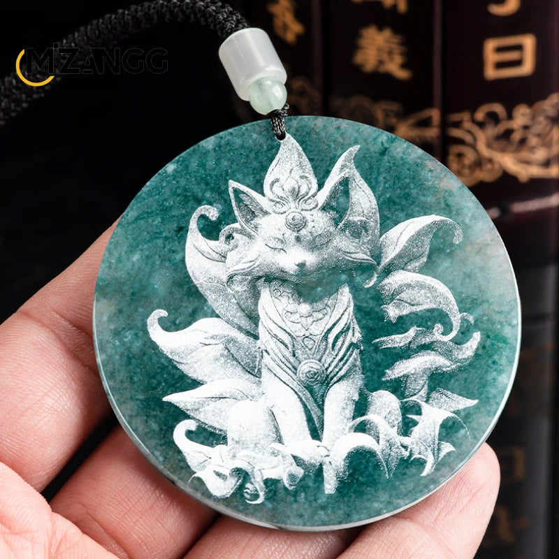 Natürliche Jadeit blau Wasser Neun-Schwanz-Fuchs Anhänger Schatten schnitzen Drachen Männer und Frauen Jade Halskette benutzer definierte exquisite Schmuck