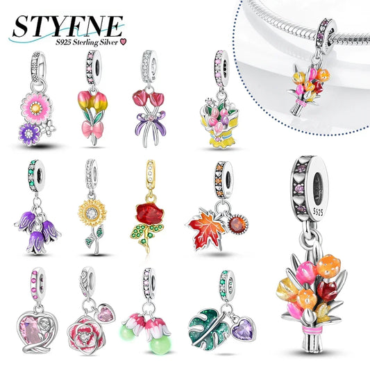 Romantische elegante Blumen-Charms aus 925er Silber, Sonnenblume, Tulpe, Rose, Nelke, Anhänger, passend für Original-Armbänder, DIY-Herstellung von Schmuck, Geschenken