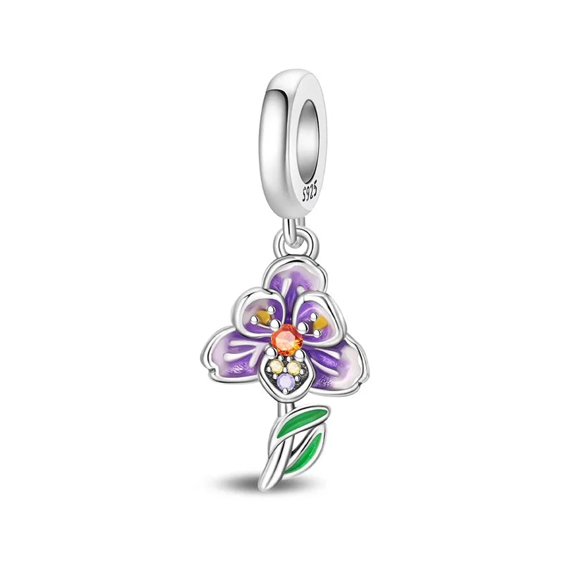 Lila Serie 925 Sterling Silber Traubenblüten Weinflasche Lebensbaum Tulpen Schnur-Dekoration Passend für DIY Armband Halskette Geschenk