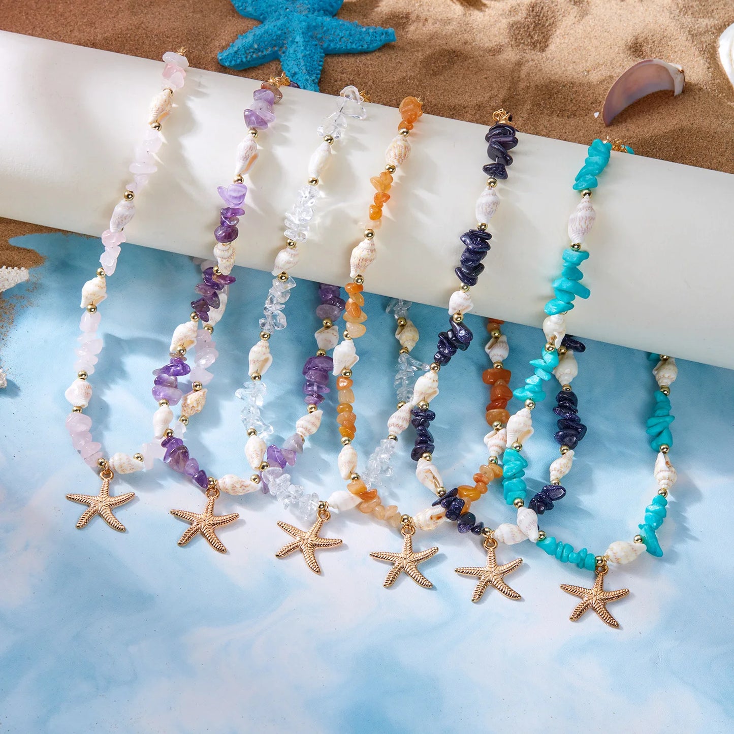 Bohemian Seestern Muschel Anhänger Halsketten Für Frauen Bunte Unregelmäßige Stein Halsband Halskette Mädchen Sommer Strand Party Schmuck