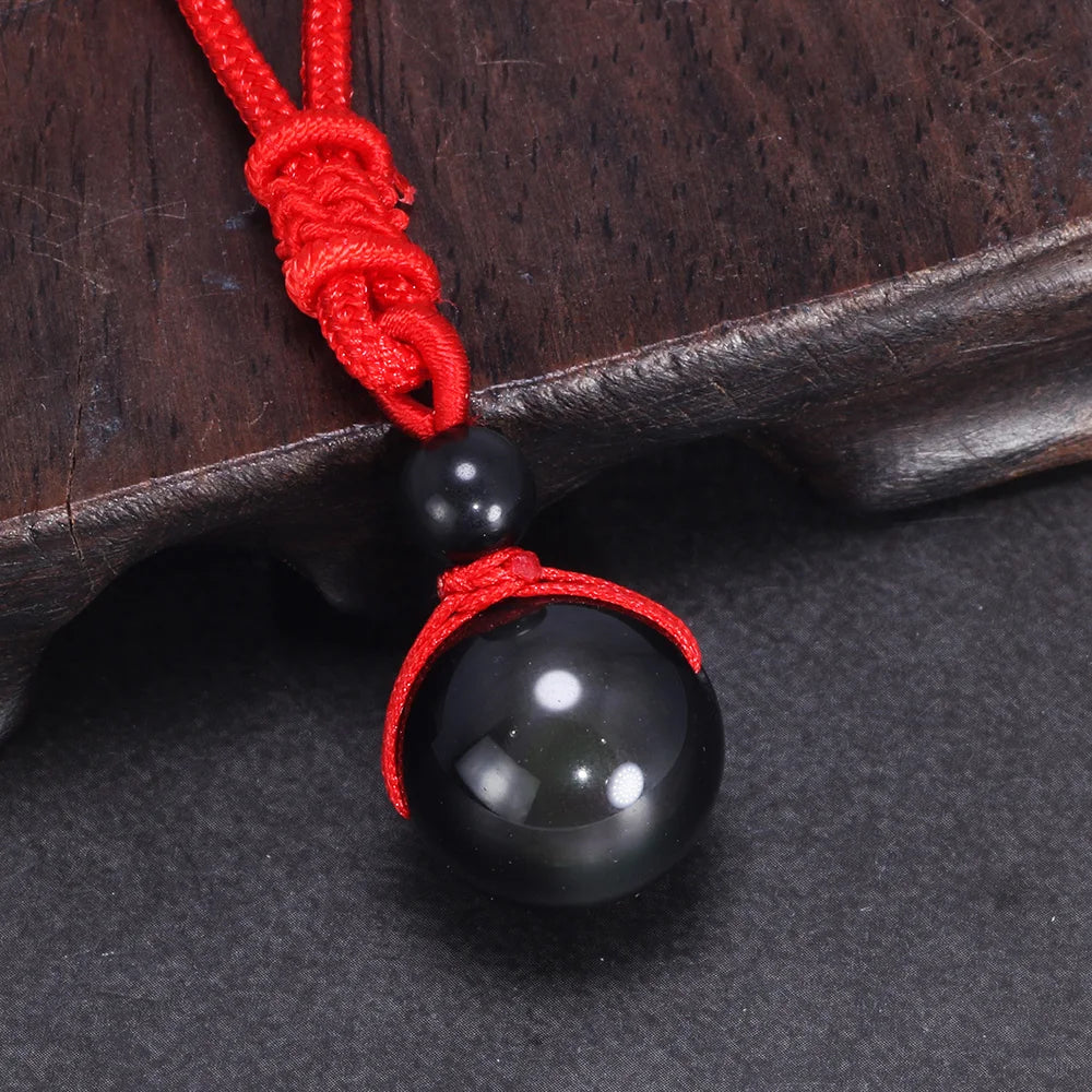 Halsketten und Anhänger aus Naturstein für Damen und Herren, schwarzer Obsidian, Regenbogenaugenperlen, Kugeltransfer, Lucky Love