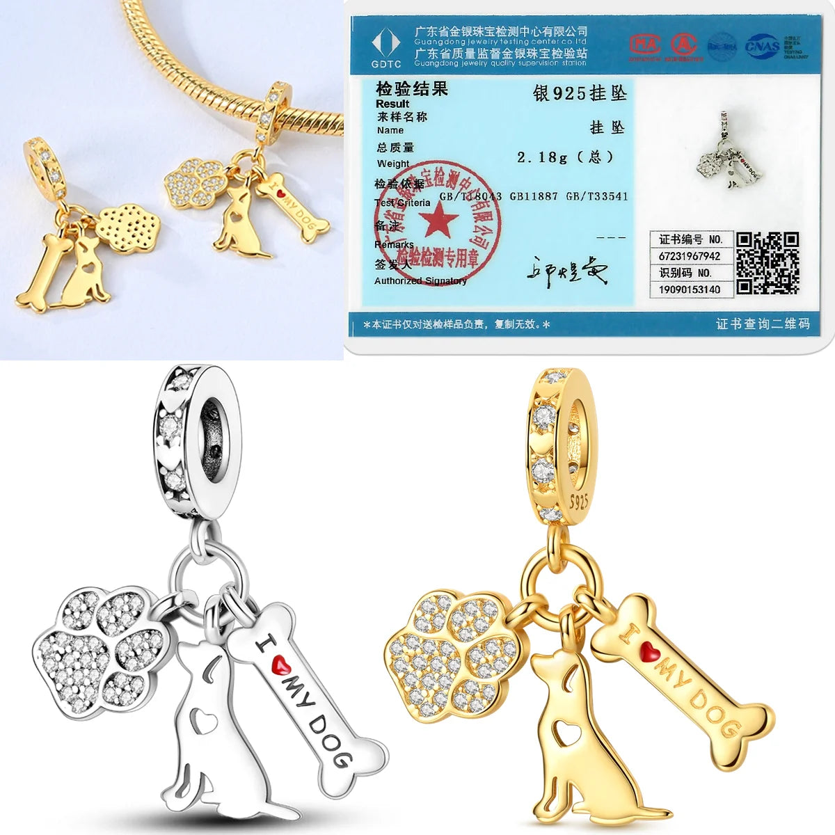 Original 925 Sterling Silber Goldene Haustiere Charms Perle Bunte Zirkonium Klee Engel Herz Baumeln Fit Armband DIY Schmuck Geschenk