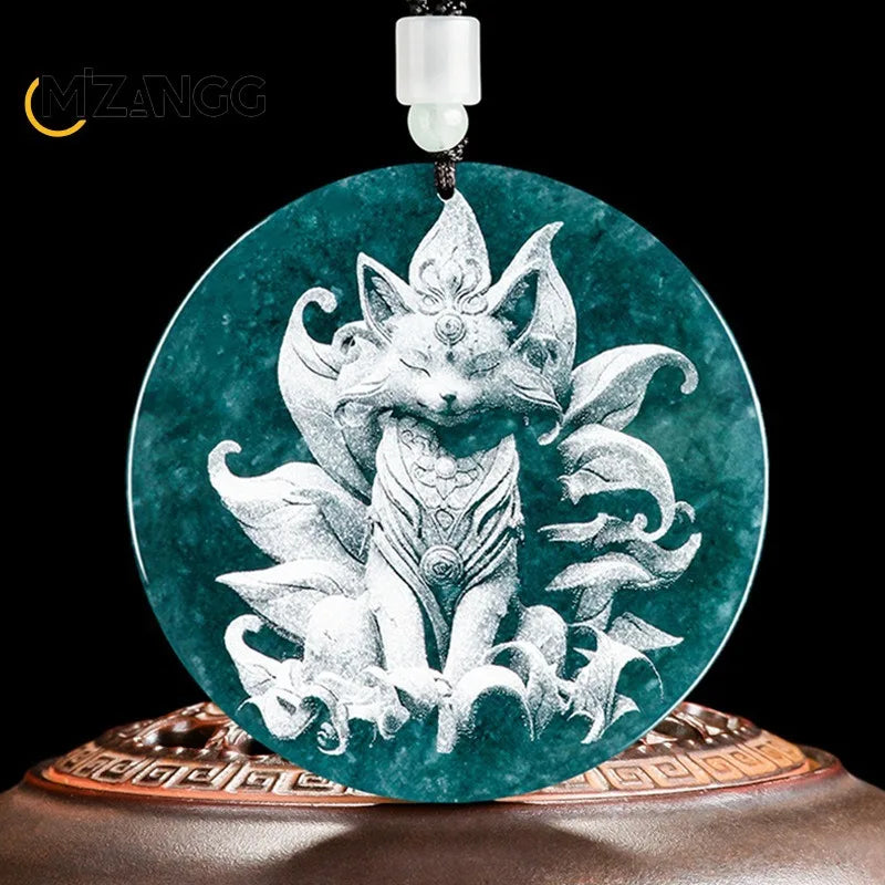 Natürliche Jadeit blau Wasser Neun-Schwanz-Fuchs Anhänger Schatten schnitzen Drachen Männer und Frauen Jade Halskette benutzer definierte exquisite Schmuck
