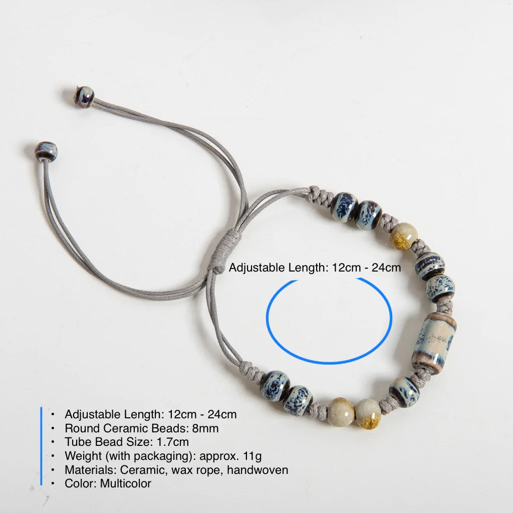 Handgefertigtes blaues Muster-Keramikarmband mit Röhrenperle, verstellbares Seil, Vintage-Schmuck im ethnischen Stil S03-115
