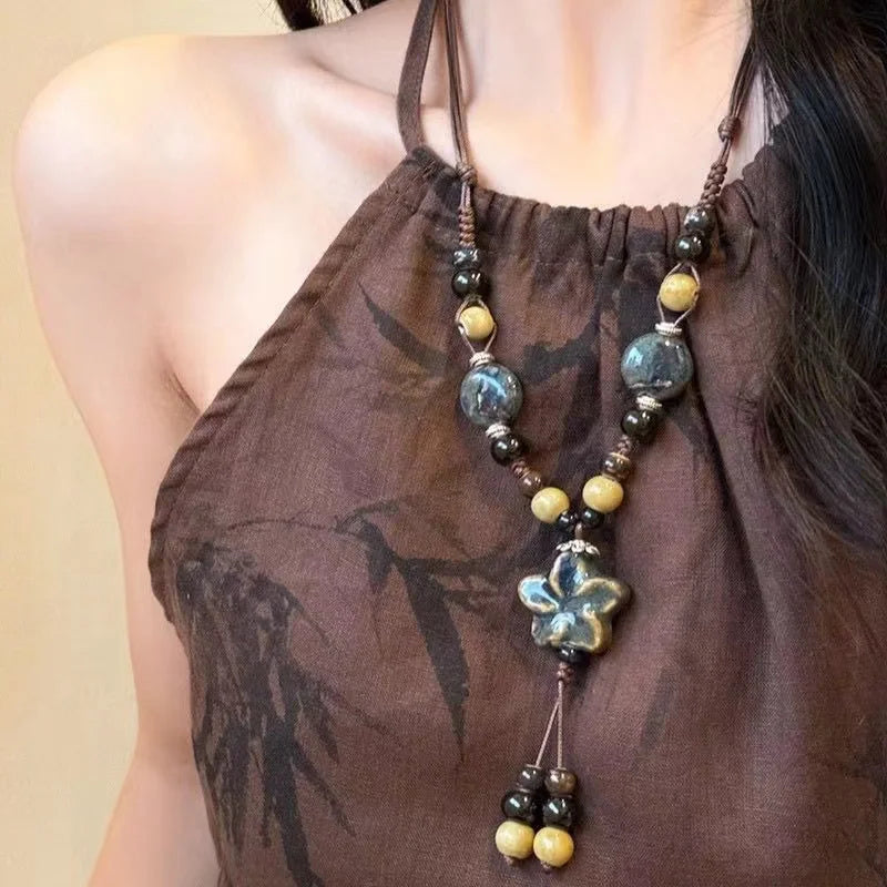Vintage ethnische Stil Keramik Blume Perlen Halskette für Frauen bunte Perlen Fransen Anhänger lange Halsband Pullover Kleid Schmuck
