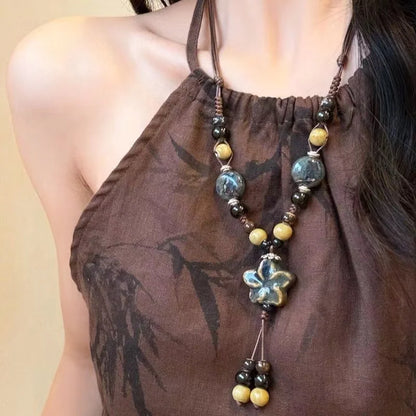 Vintage ethnische Stil Keramik Blume Perlen Halskette für Frauen bunte Perlen Fransen Anhänger lange Halsband Pullover Kleid Schmuck