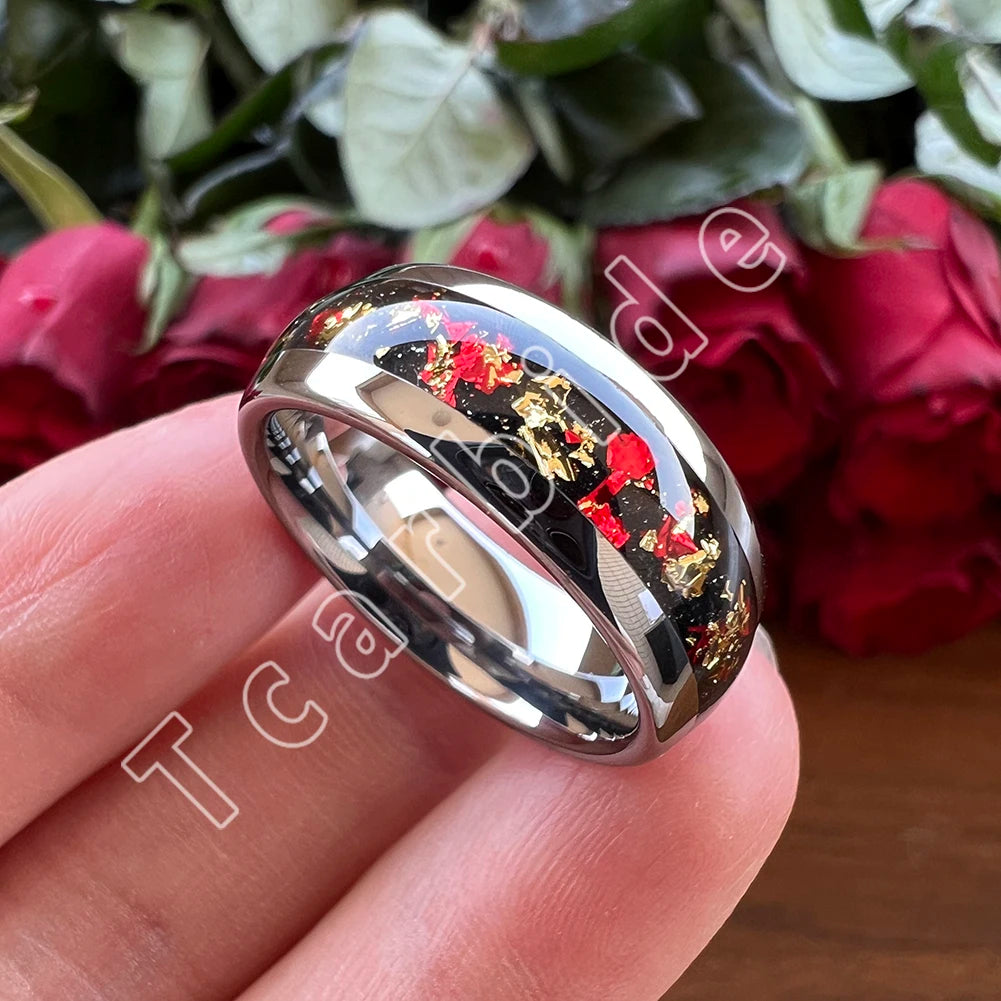 Dropshipping 6mm 8mm 18k Gold Farbe Kuppel Ehering Schöner Wolframkarbid Ring mit roter und Goldfolieninlage Comfort Fit
