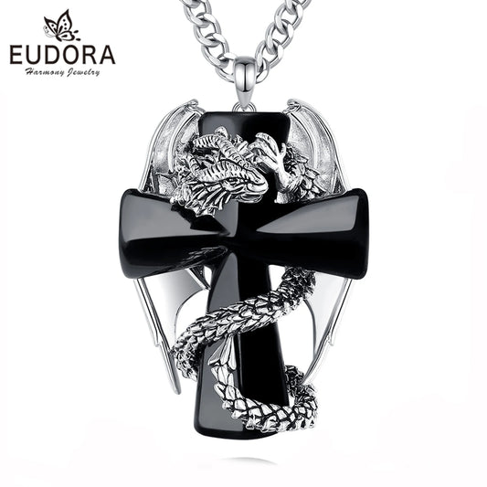 Eudora Drache Twining Kreuz Obsidian Halskette Punk Natürlicher Heilstein Kristall Anhänger Spiritueller Schmuck Meditation Feines Geschenk