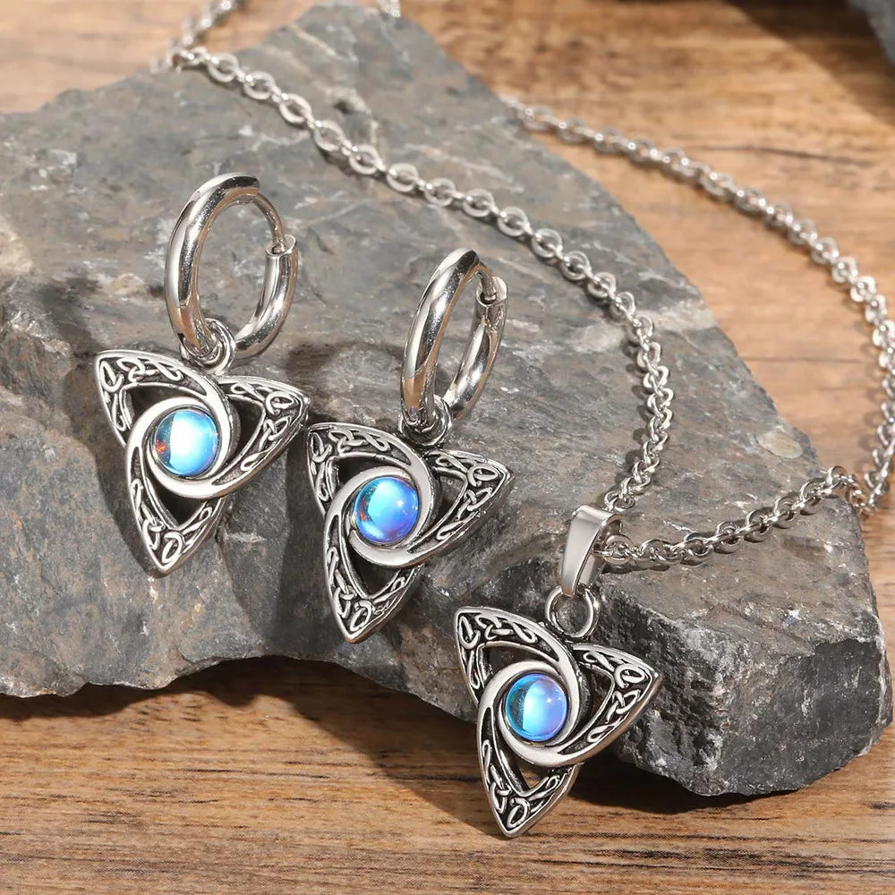 Vnox Vintage Celtic Knot Pendant Necklaces with Moonstone Inlay for Men and Women, Witch Knot Collar Jewelry with Box Chain