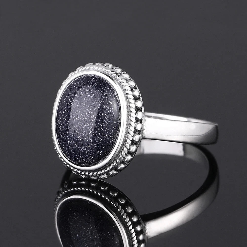 Ring aus 925er-Sterlingsilber, oval, rund, natürlicher blauer Sandstein, Ring für Frauen, Geschenk, Retro-Luxus, edler Schmuck