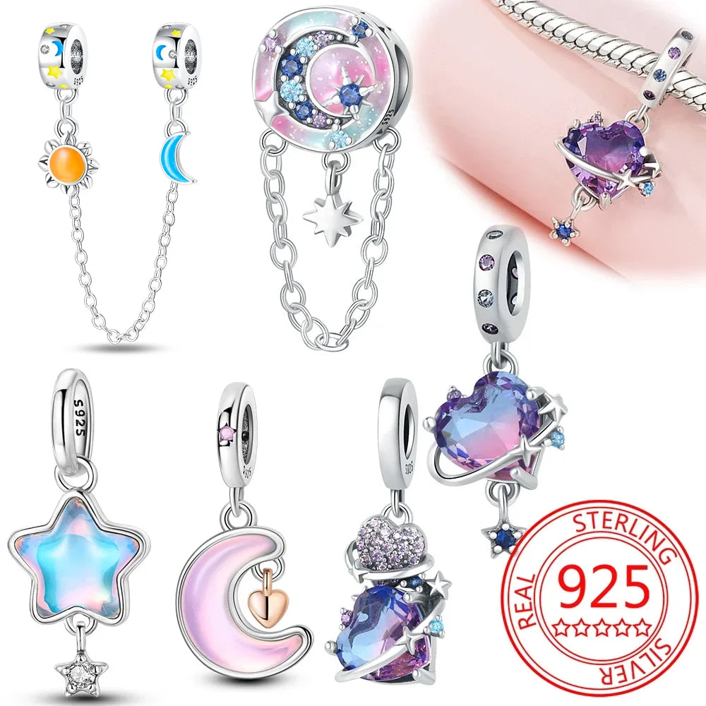 Charm-Anhänger aus 925er-Sterlingsilber, lila Herz, Mond, Planet, Perlen, passend für Charms, Silber, Original-Armband für Damen, Schmuck