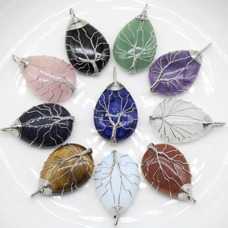 Naturstein-Kristall-Anhänger, Baum des Lebens, Amethyste, Rosen, Quarz, Kupferdraht, Draht umwickelt, trendige Schmuckherstellung, Großhandel, 6 Stück