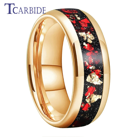 Dropshipping 6mm 8mm 18k Gold Farbe Kuppel Ehering Schöner Wolframkarbid Ring mit roter und Goldfolieninlage Comfort Fit