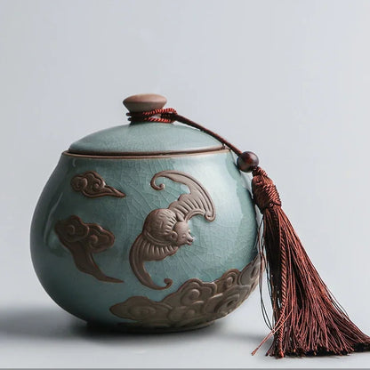 Hand-carved lotus celadon ash pet urn, dog and cat cremation urns, ceramic urns, sealed jar, funeral memorial art, large size