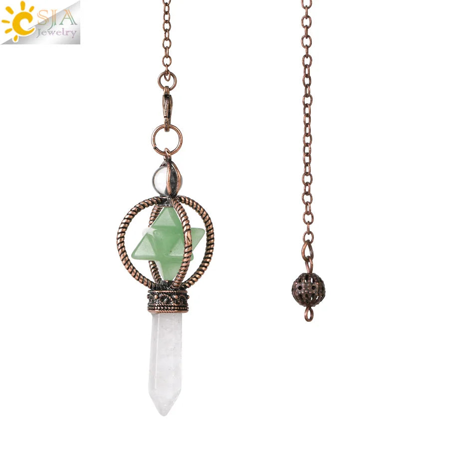 CSJA Esoterik Kristallpendel für Wünschelpen, Weissagung, Pendel, Merkaba, Naturstein-Anhänger, klarer Quarz, rote Bronze, G930