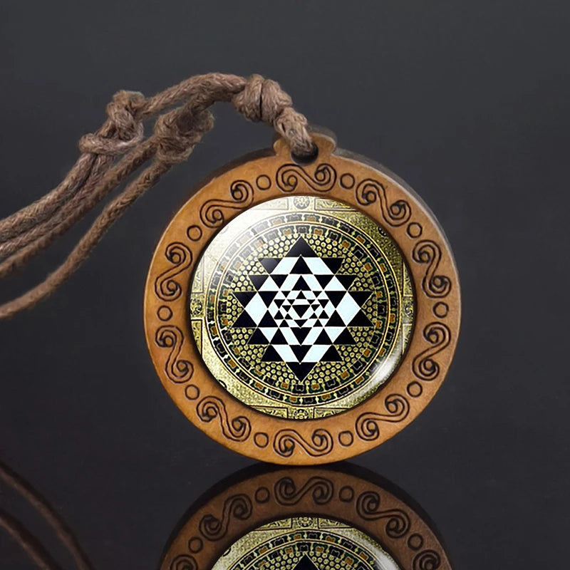 Mandala glass necklace, retro art, wooden pendant, Buddhist sacred geometry, jewelry, spiritual yoga gift