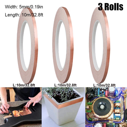3 Rollen Kupferfolienband, selbstklebend, einseitig, leitende Schnecke, EMI-Abschirmung, DIY-Schaltung, elektrische Reparaturbänder
