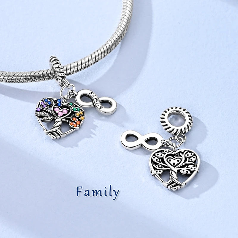 Original 925 Sterling Silber Perlen-Charm mit Buntem Zirkon, Unendlichkeits-Anhänger im Familienstammbaum-Design, Passend für Original-Armbänder, DIY-Geschenk für Frauen