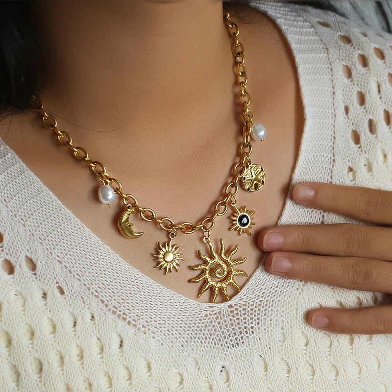 EILIECK 316L Edelstahl Sonne Herz Blume Anhänger Halskette 18K vergoldet Zubehör Charme handgemachten Schmuck für Frauen Mädchen