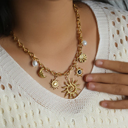 EILIECK 316L Edelstahl Sonne Herz Blume Anhänger Halskette 18K vergoldet Zubehör Charme handgemachten Schmuck für Frauen Mädchen