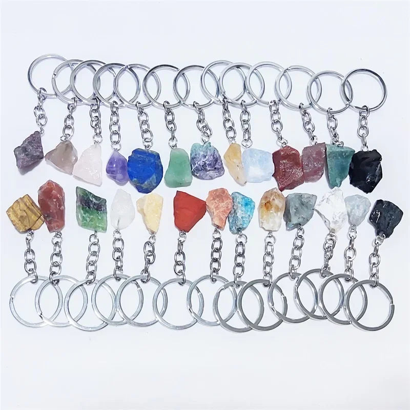 20 stücke Natürliche Raue Rohstein Kristall Quarz Schlüsselbund Frauen Männer Handtasche Hangle Auto Schlüssel Halter Raw Mineral Stein Schlüsselring schmuck