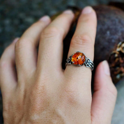 Retro hohle Blume Bernstein Stein Ring für Frauen Silber Farbe Vintage Ring Unisex Accessoires handgemachte Designer Schmuck Liebhaber Geschenk