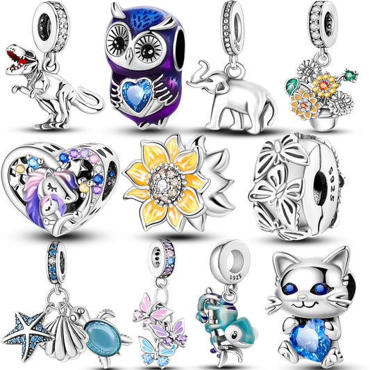 Heißer Verkauf 925 Silber Schmetterling Chamäleon Eule Sonnenblume Charms Fit Original Armband Halskette DIY Perle Für Frauen Schmuck