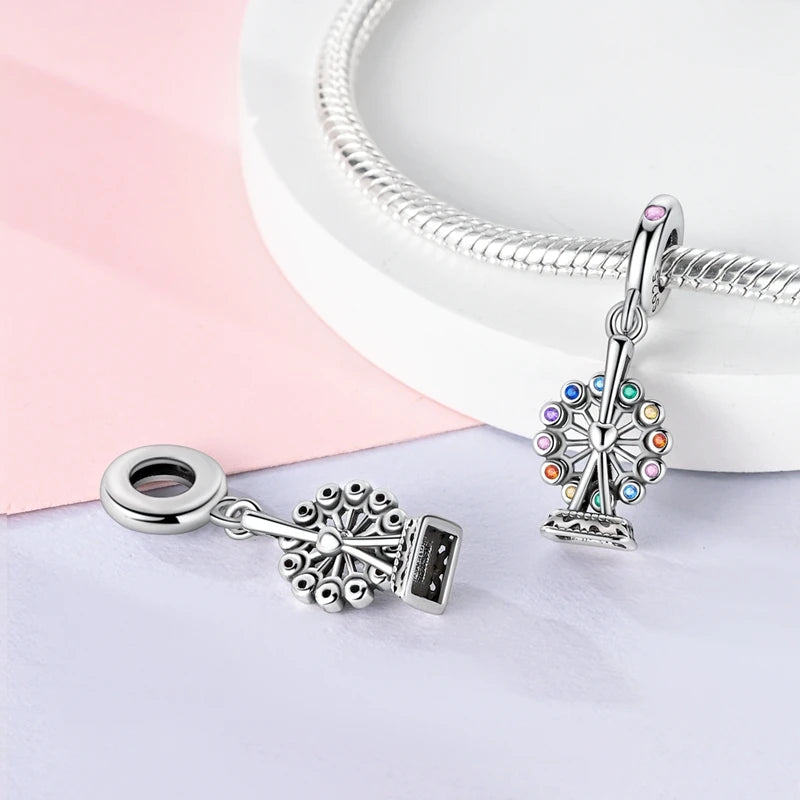 Vergnügungspark-Charm aus 925er-Sterlingsilber, Riesenrad, Achterbahn, Zirkus, Clown, Karussell, passend für DIY-Armbänder, Halsketten, Souvenir