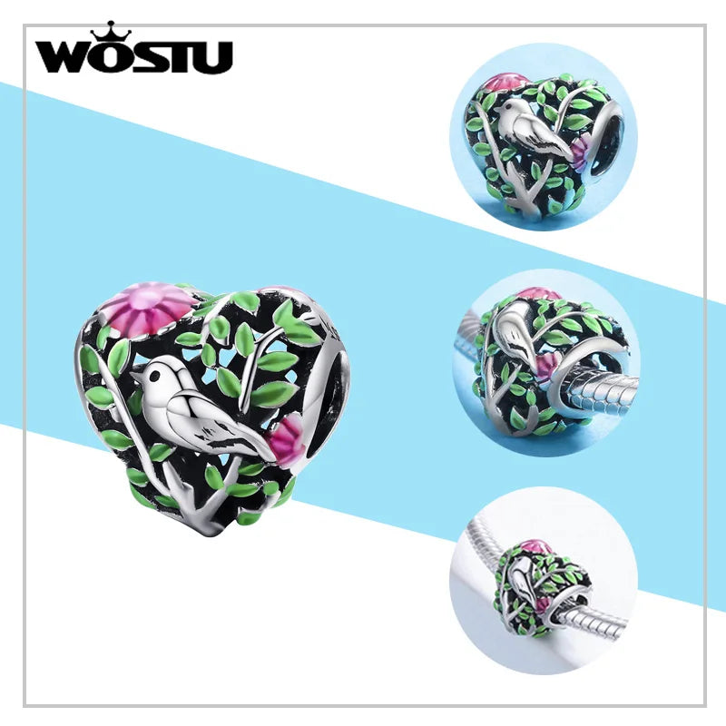 WOSTU Mode Frühjahr Serie Charms Perlen Echt 925 Sterling Silber Blume Vogel Pendent Fit Original-DIY Armband Halskette Schmuck