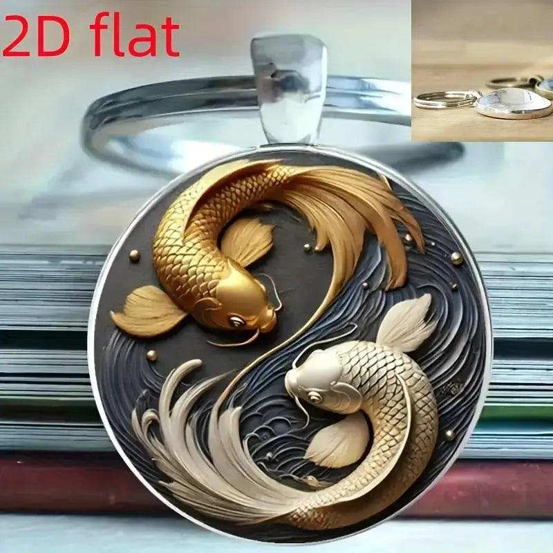 Modischer neuer 2D Yin Yang Koi runder Glas-Schlüsselanhänger, Glücksanhänger, modische Tasche und Autoschlüssel-Dekoration, Weihnachtsgeschenk