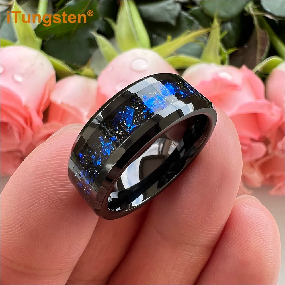 iTungsten 8 mm schwarze/silberne Wolfram-Eheringe für Männer und Frauen mit blauen Folien, abgeschrägte Kanten, polnisch, glänzend, bequeme Passform