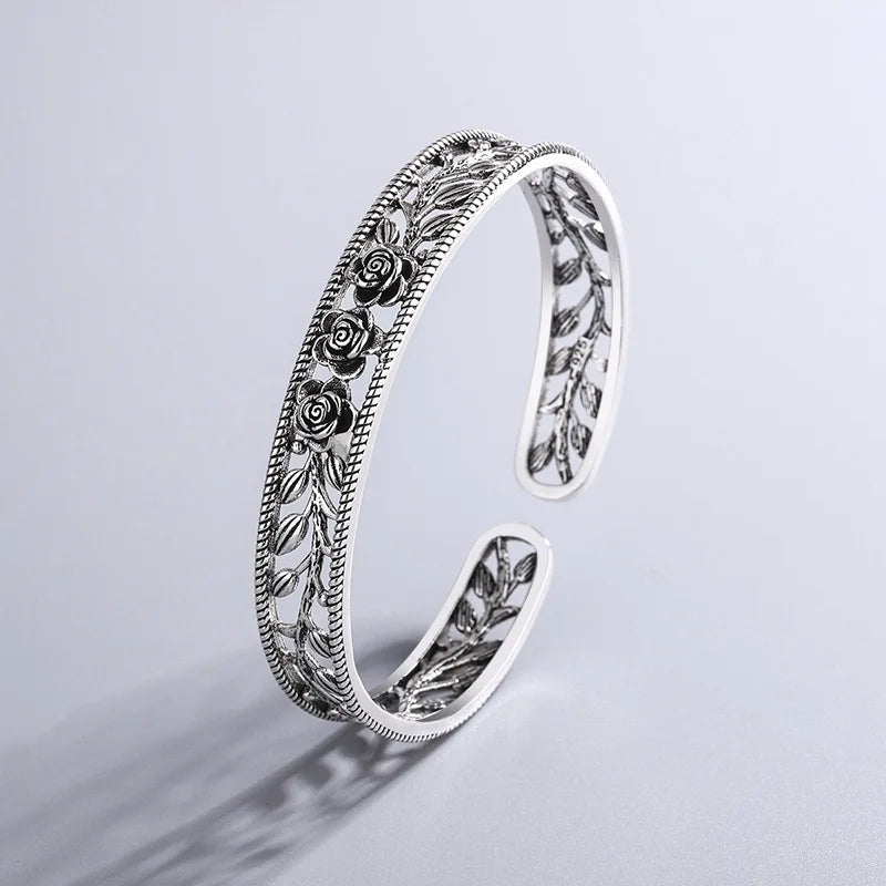 Neue Retro Rose Blatt Hohl Armbänder 925 Sterling Silber Schmuck Temperament Persönlichkeit Süße Blume Öffnung Armreifen TYB119